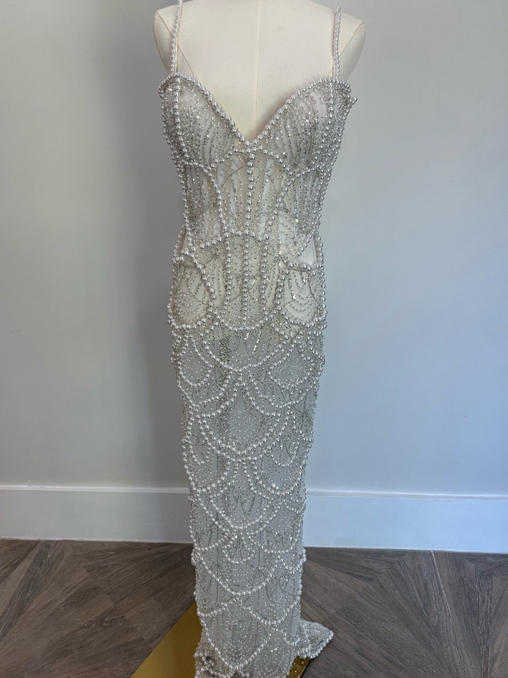 Pearl-Embellished Sheer Column Gown